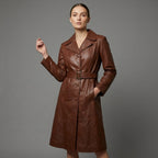 Women's Vintage Chocolate Brown Leather Trench Coat - Front