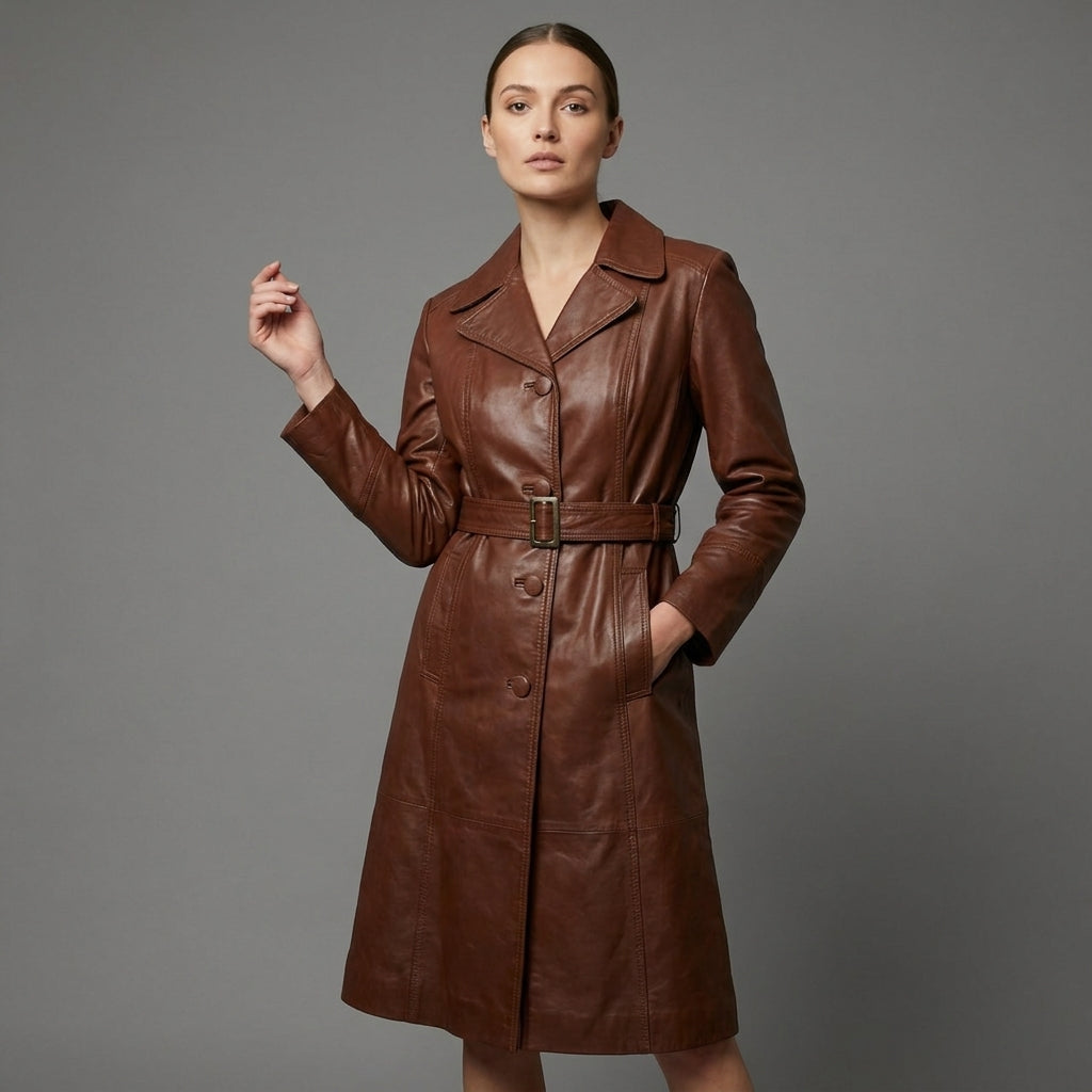 Women's Vintage Chocolate Brown Leather Trench Coat - Front