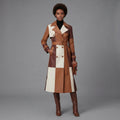 Women's Leather Long Coat Patchwork Tan Brown Cream - Front