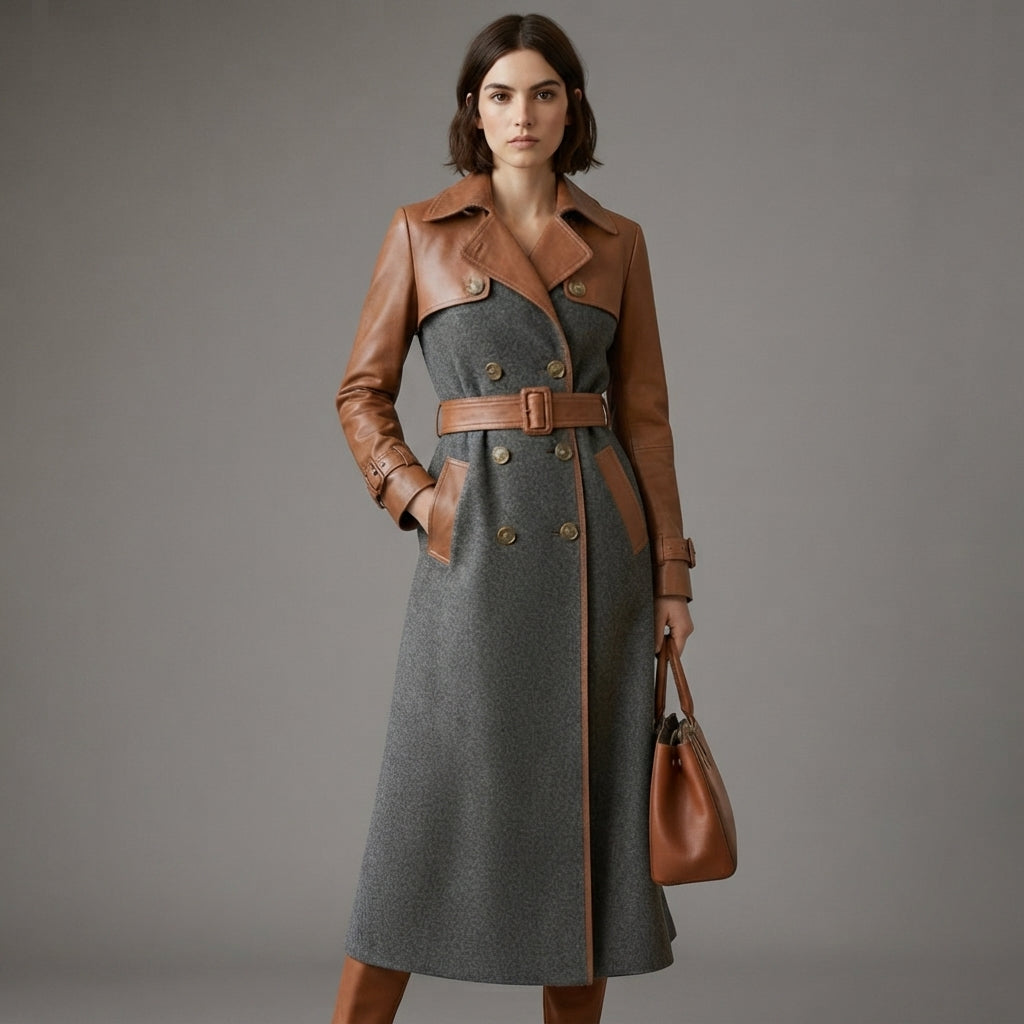 Women's Wool Leather Long Coat - Front