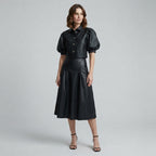 Women's Black Leather Party Dress - Front