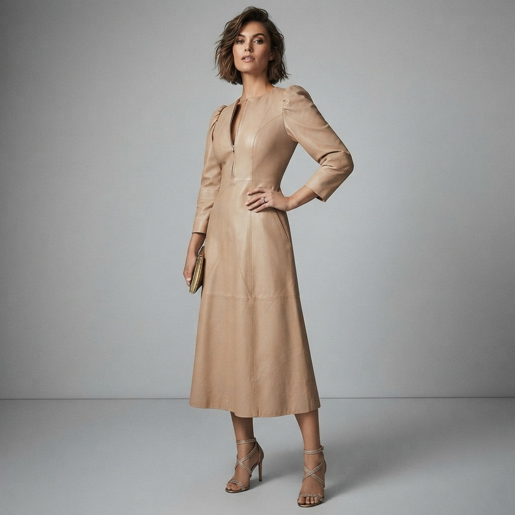 Women's Vintage V-Neck Leather Dress - Front