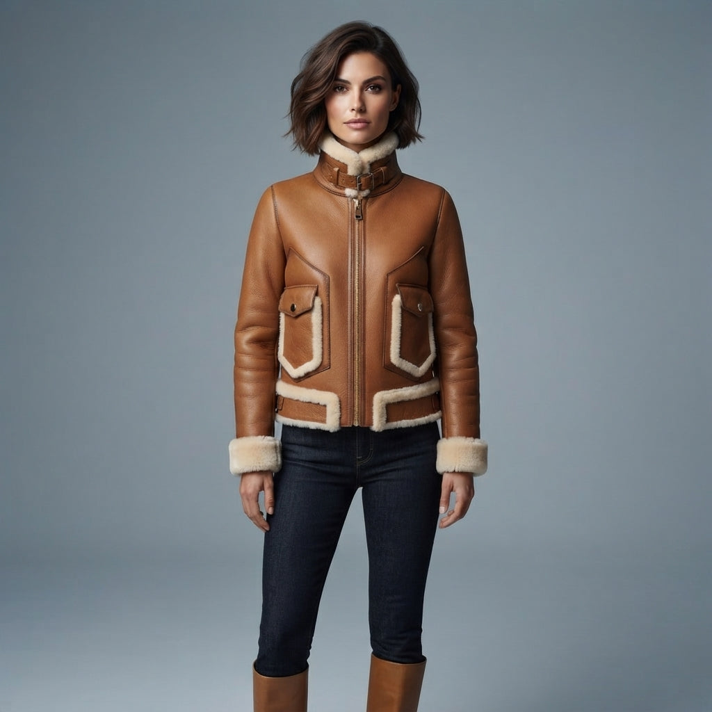Brown Sheepskin Shearling Coat - Front