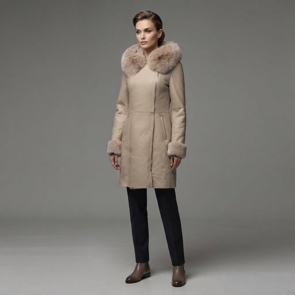 Women's Handmade Shearling Sheep Leather Long Coat - Front