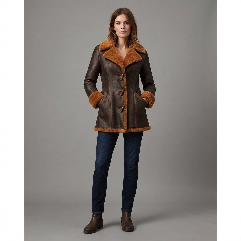 Women's Shearling Leather Coat - Front