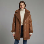 Women's Brown Genuine Lambskin Leather Coat - Front