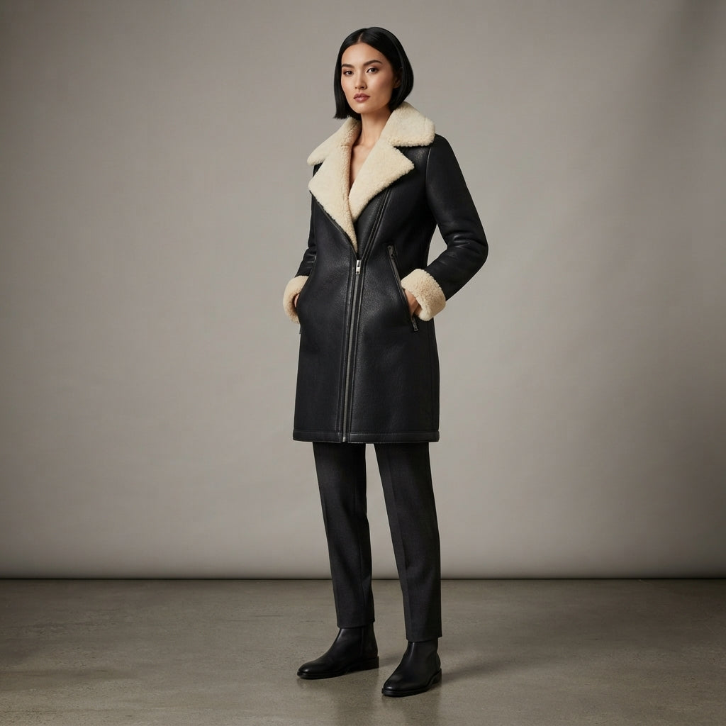 Women's Real Sheepskin Leather Shearling Jacket - Front