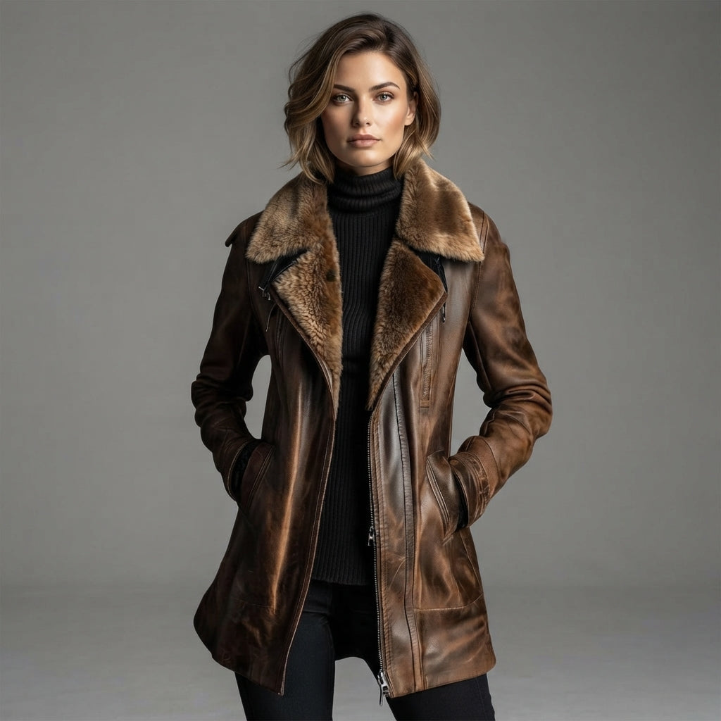 Women's Brown Shearling Real Leather Coat - Front