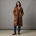 Women's Brown Shearling Leather Coat - Front