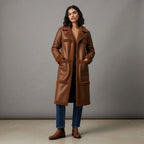 Women's Brown Shearling Leather Coat - Front