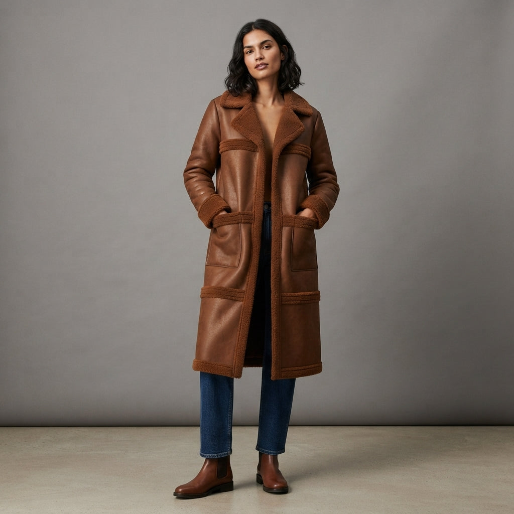 Women's Brown Shearling Leather Coat - Front