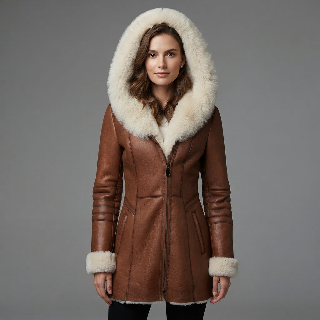 Women's Leather Shearling Coat With Fur Hood - Front