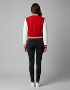 Women's Cropped Red Leather Varsity Jacket - Back