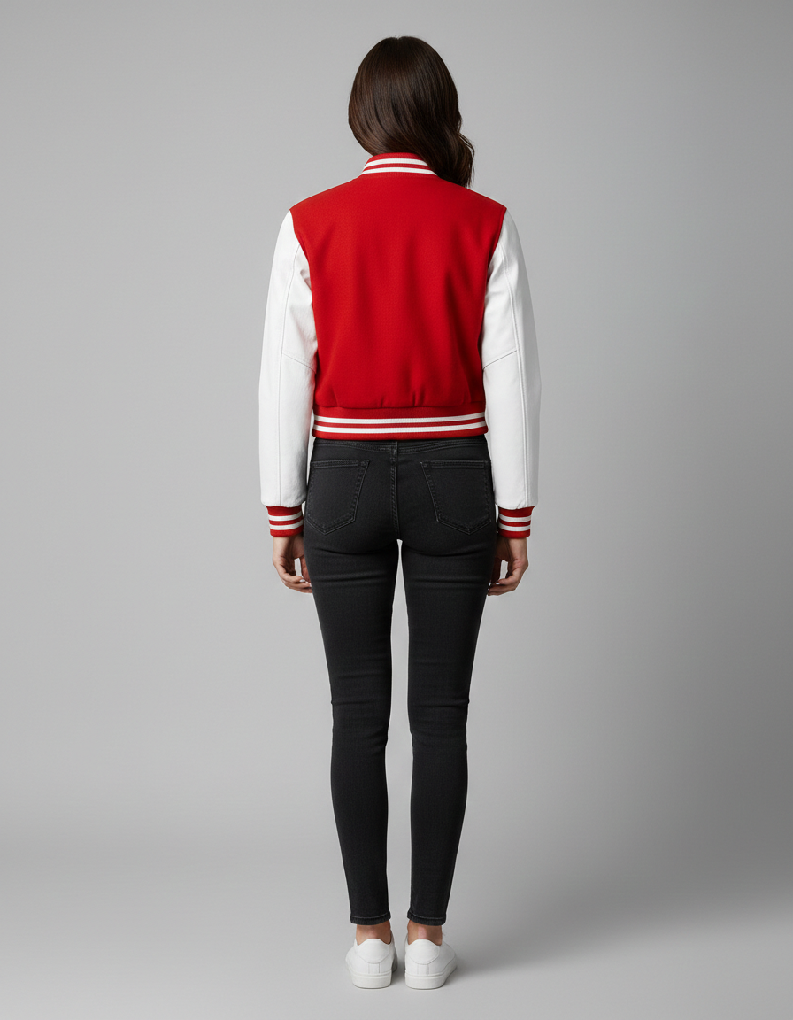 Women's Cropped Red Leather Varsity Jacket - Back