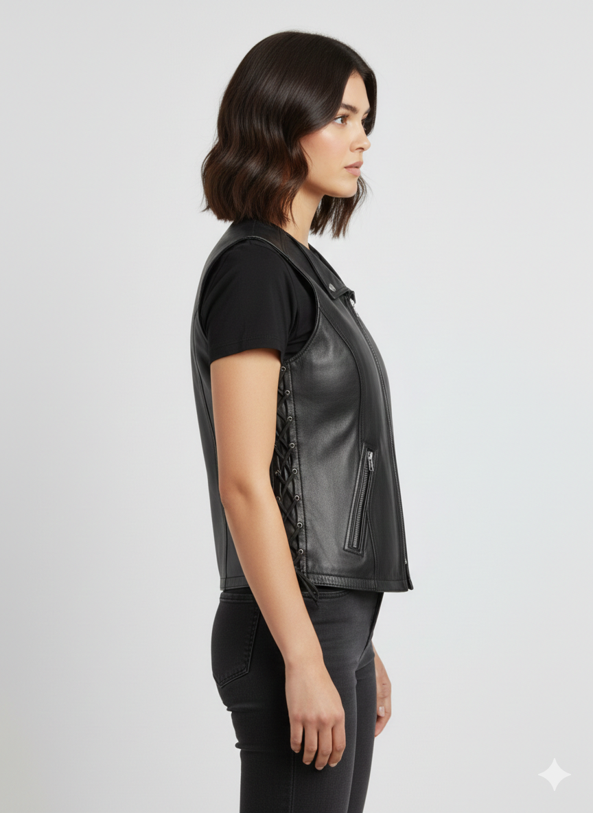 Women's Black Leather Vest Lace Up Sides - Back