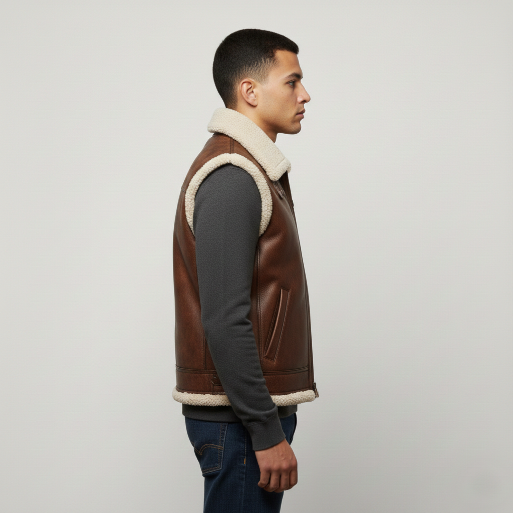 Men's Leather Shearling Vest - Back