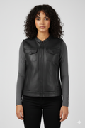 Women's Black Leather Motorcycle Vest - Front