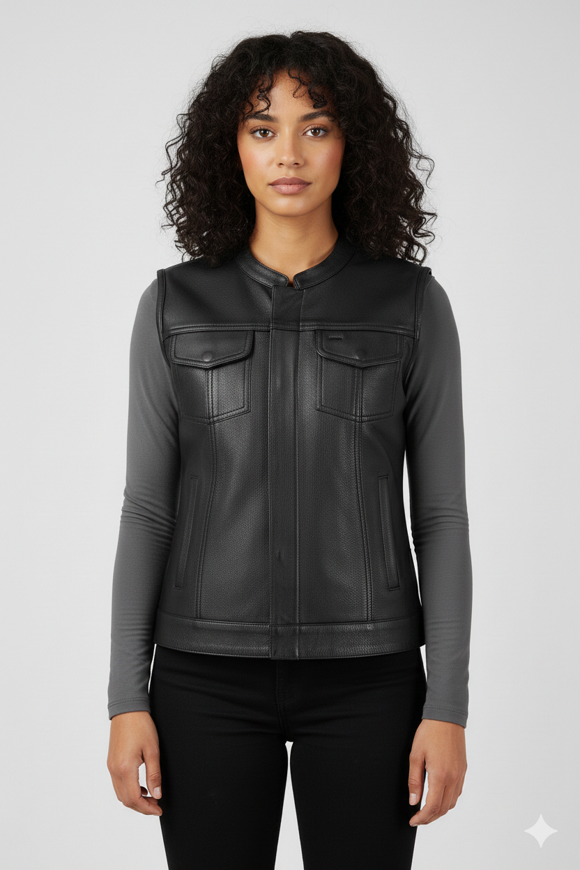 Women's Black Leather Motorcycle Vest - Front