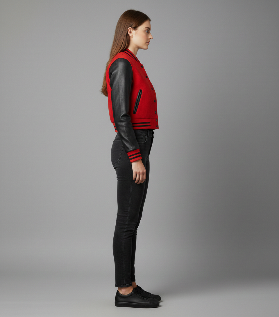Women's Red Black Varsity Jacket - Front