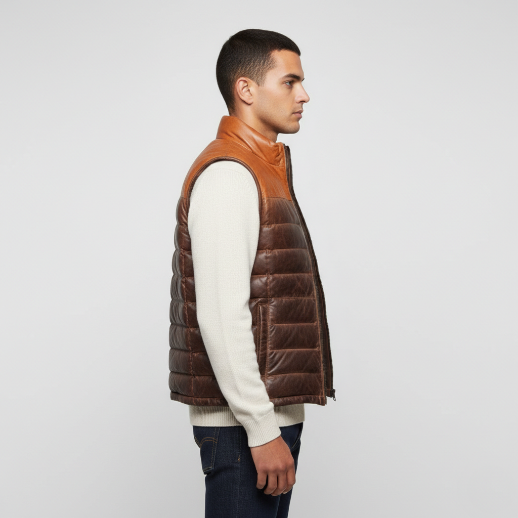 Men's Genuine Leather Puffer Vest Brown Tan - Front