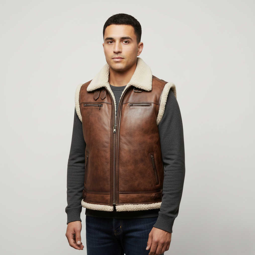 Men's Leather Shearling Vest - Front