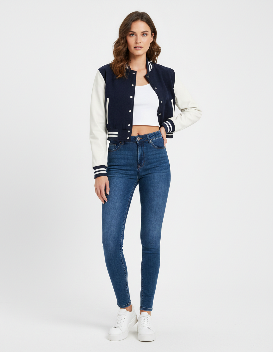 Women's Windcheater Crop Denim Varsity Jacket - Front