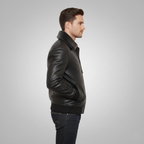 Men's Slim Fit Black Genuine Leather Bomber Jacket - Back