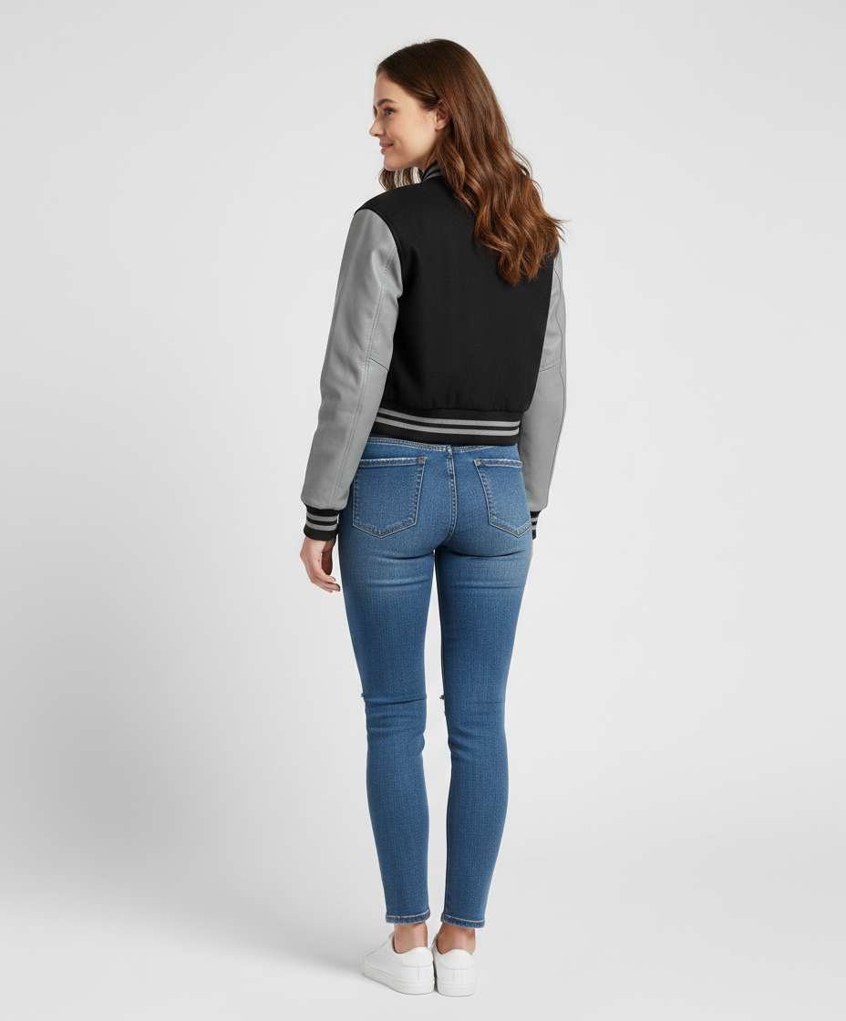 Women's Black Grey Varsity Jacket - Back
