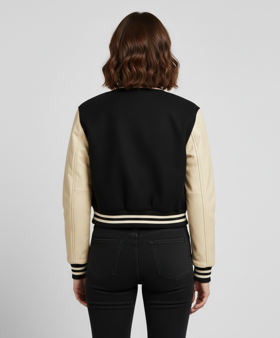 Women's Black And Cream Varsity Jacket - Left
