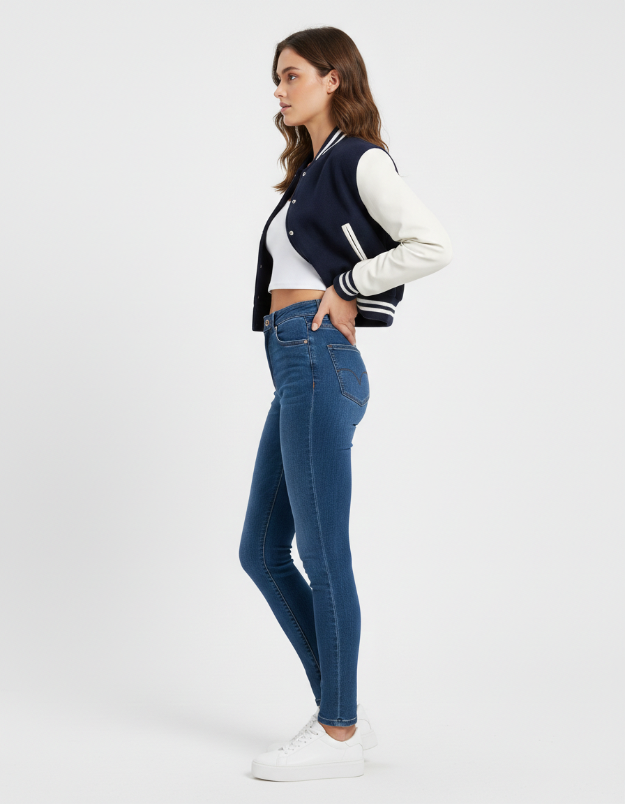 Women's Windcheater Crop Denim Varsity Jacket - Back