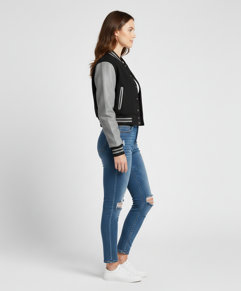 Women's Black Grey Varsity Jacket - Left