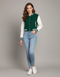 Women's Varsity Leather Jacket In Green - Front