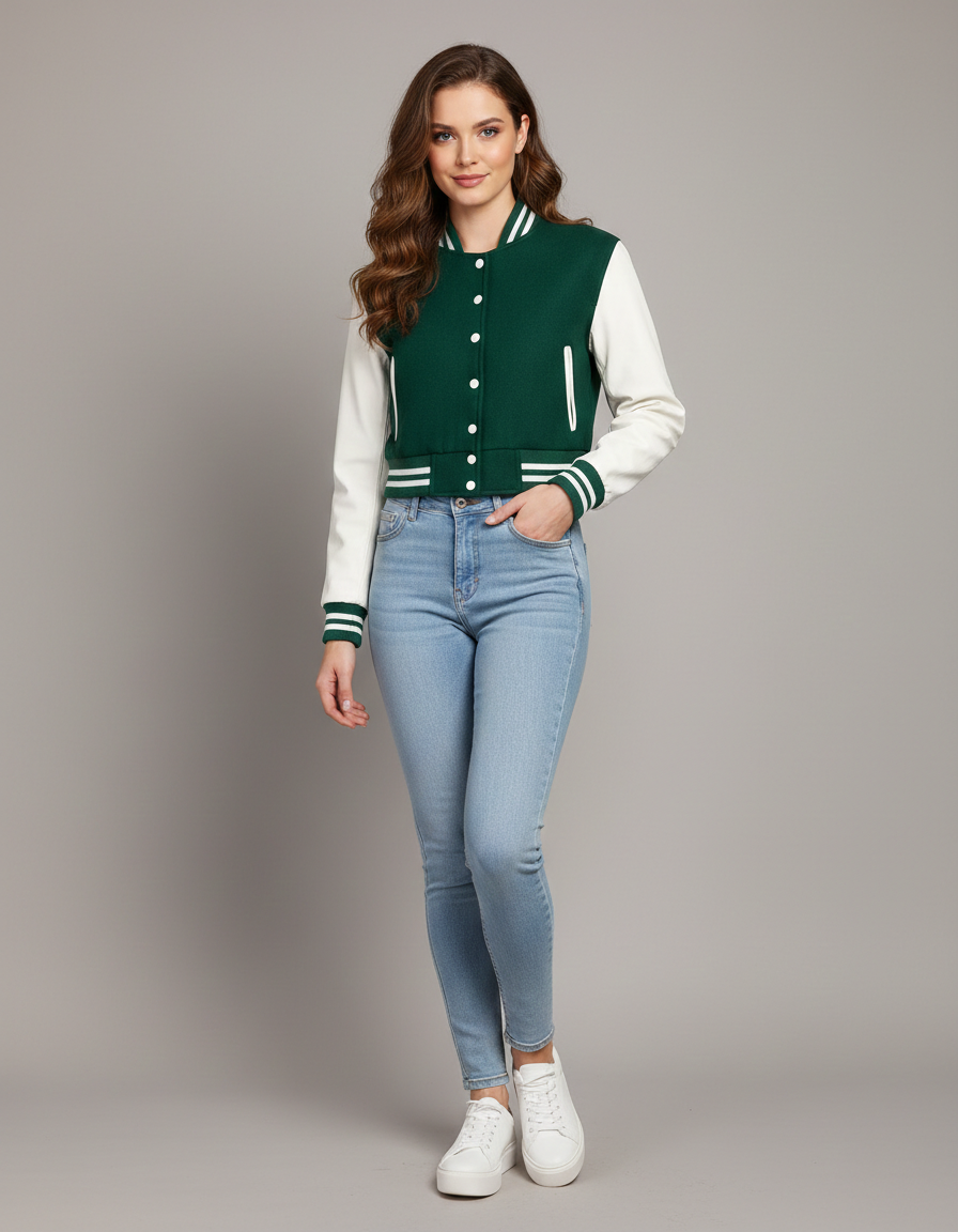 Women's Varsity Leather Jacket In Green - Front