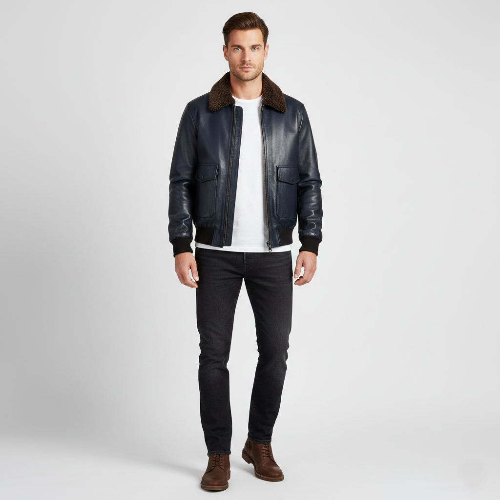 Men's Blue G-1 Aviator Leather Jacket - Front