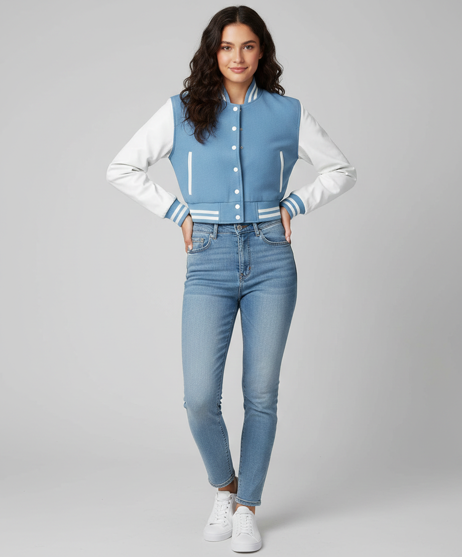 Women's Sky Blue Varsity Jacket - Front