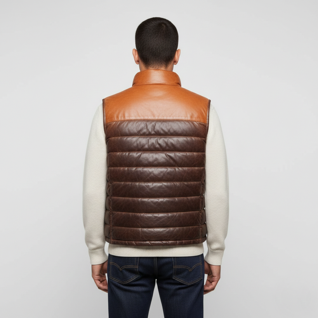 Men's Genuine Leather Puffer Vest Brown Tan - Back