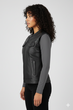 Women's Black Leather Motorcycle Vest - Back
