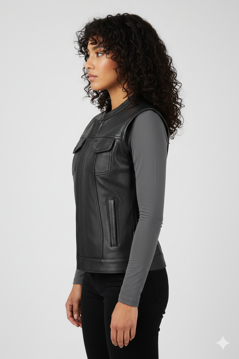 Women's Black Leather Motorcycle Vest - Back