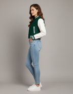 Women's Varsity Leather Jacket In Green - Left