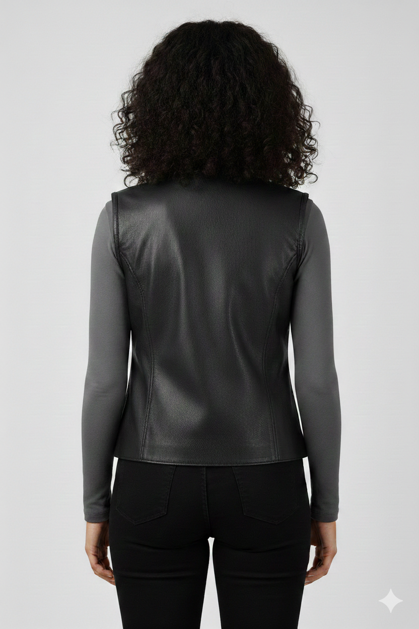 Women's Black Leather Motorcycle Vest - Left