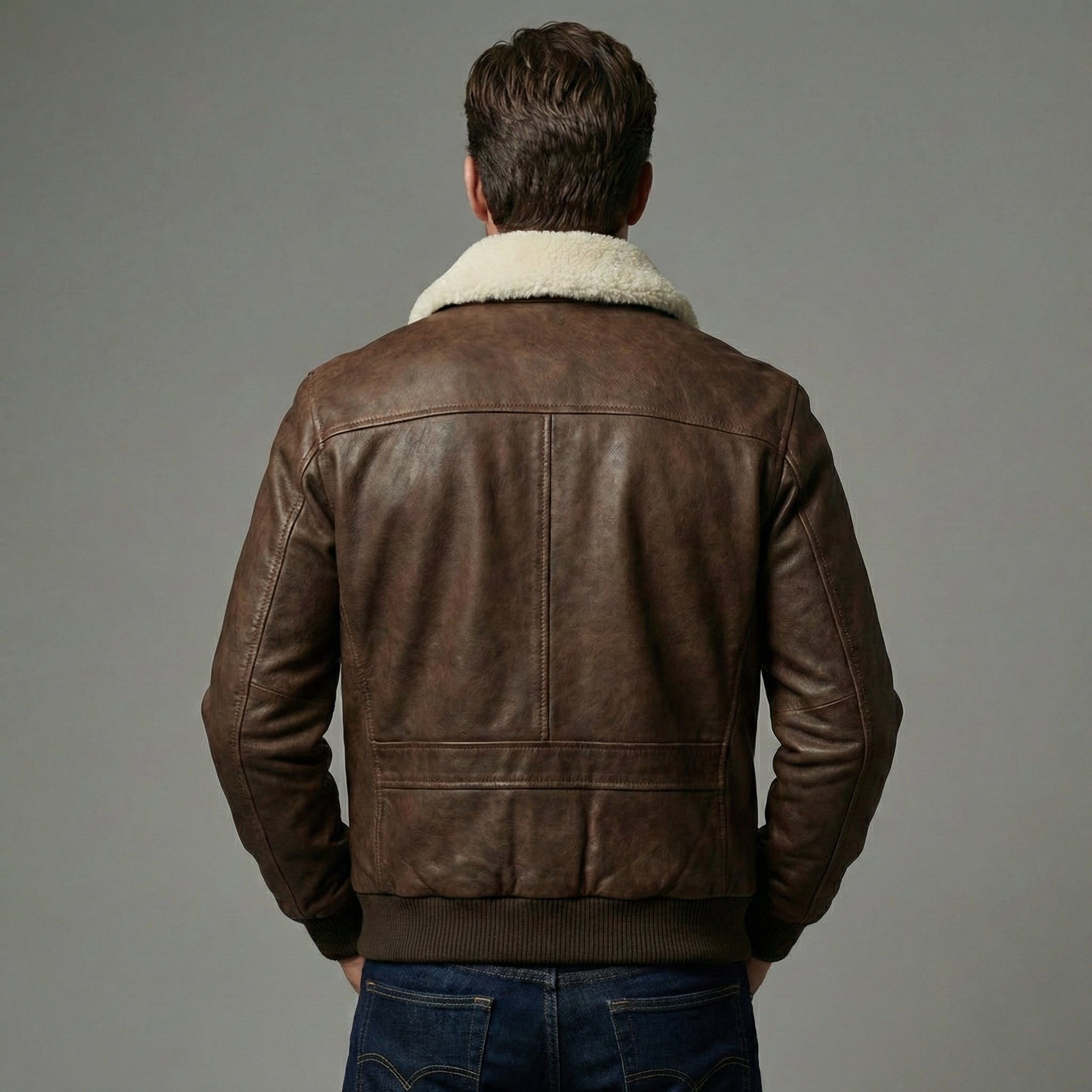 Classic Brown Sheepskin Aviator Jacket for Men - Back