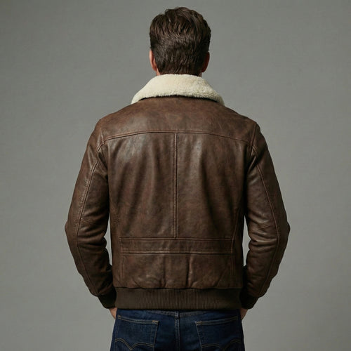 Classic Brown Sheepskin Aviator Jacket for Men - Back