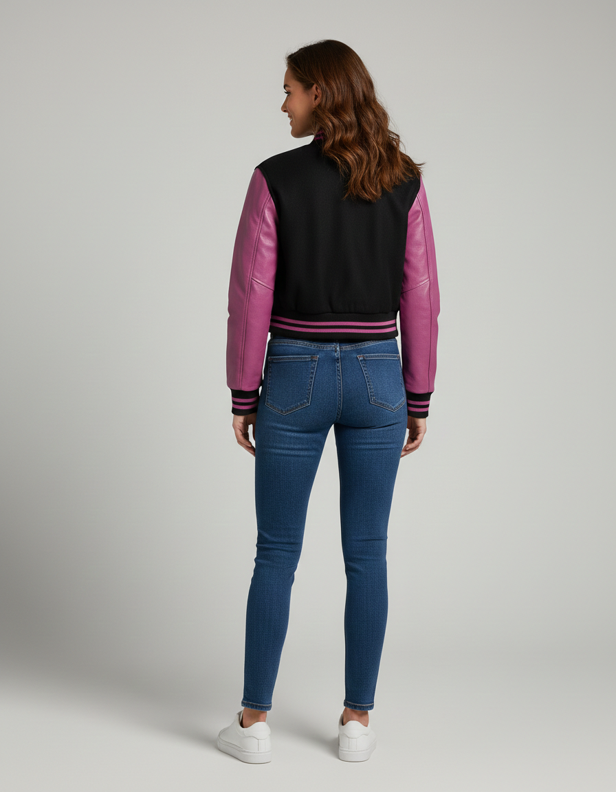Women's Pink Navy Cropped Varsity Bomber Jacket - Back