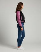 Women's Pink Navy Cropped Varsity Bomber Jacket - Left