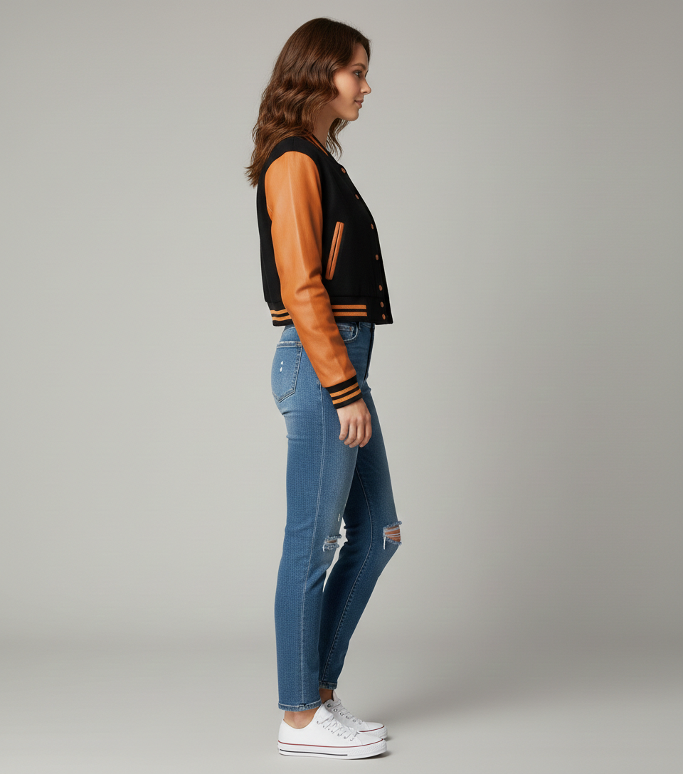Women's Cropped Orange Wool Black Leather Jacket - Back
