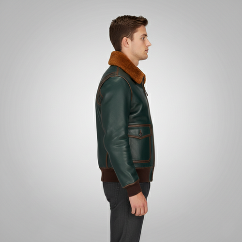 Green Lambskin Aviator Jacket with Brown Shearling Collar - Back