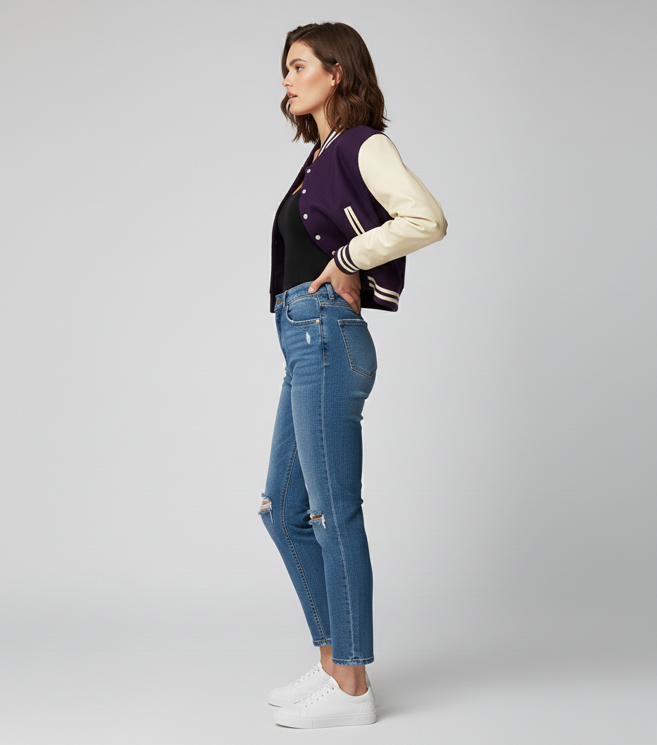 Women's Dark Purple Crop Letterman Varsity Jacket - Back