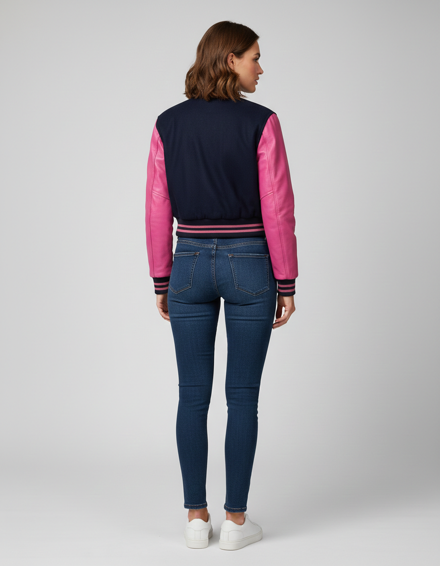 Women's Blue Pink Varsity Bomber Jacket - Back