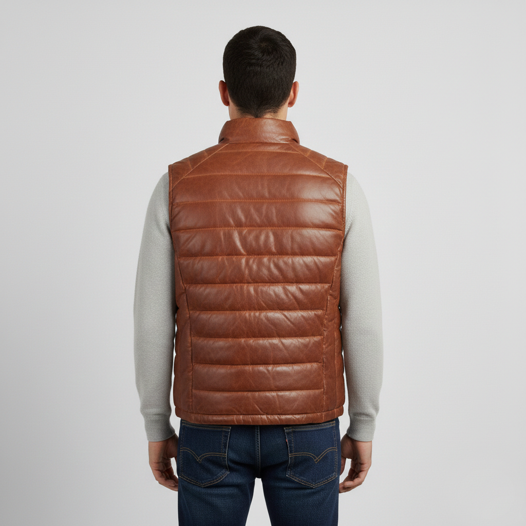 Men's Brown Leather Puffer Vest - Left