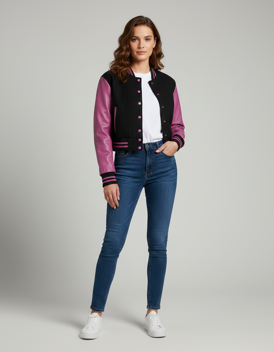 Women's Pink Navy Cropped Varsity Bomber Jacket - Front